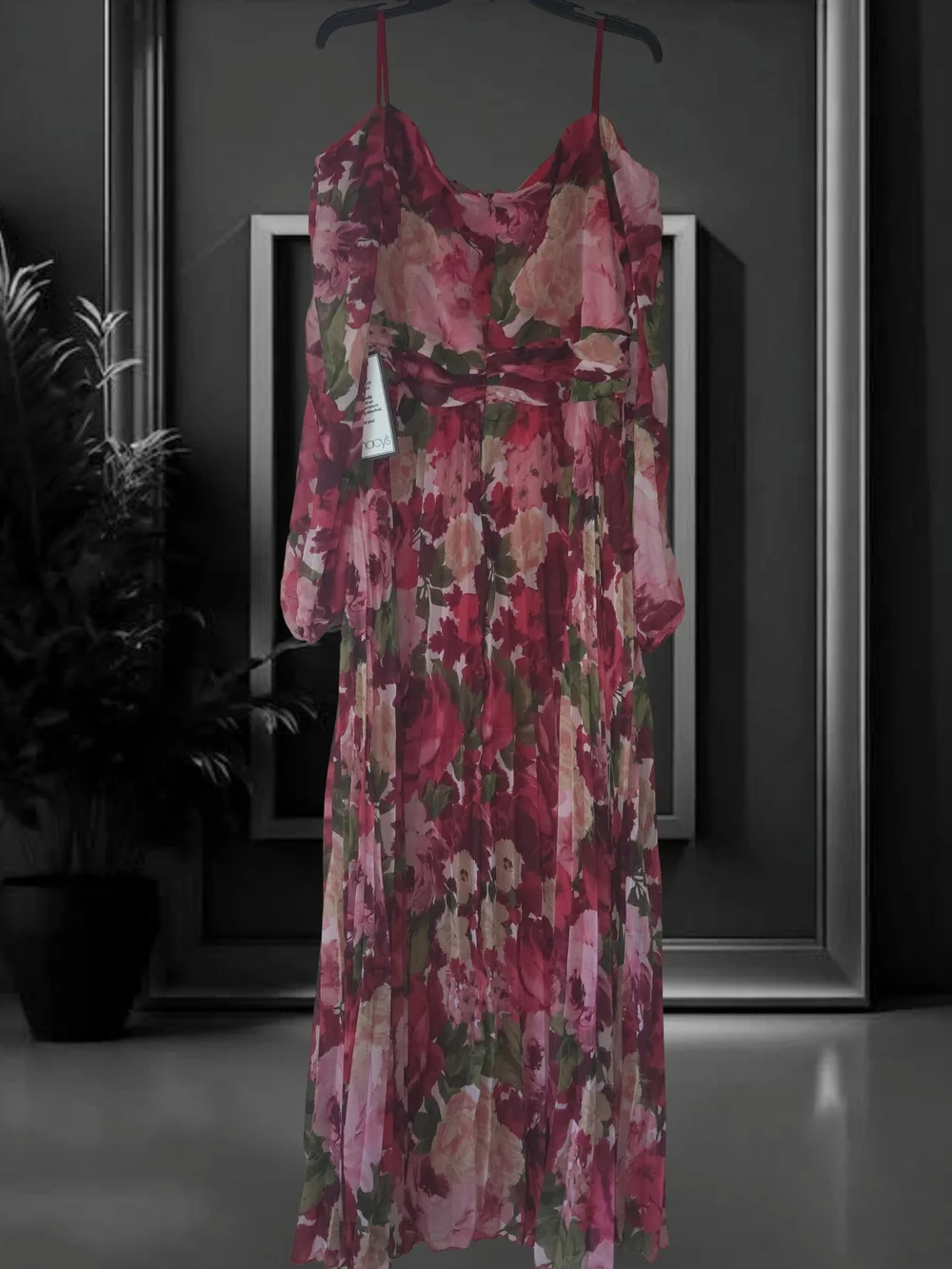 Xscape Plus Size Floral Pleated Maxi Off-The-Shoul Red Olive 20W Dress - Picture 3 of 16